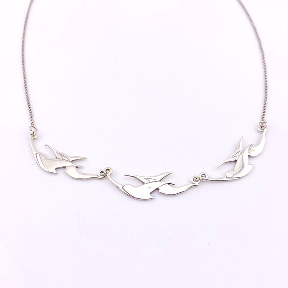 Swallow Birds In Flight Modernist Sterling Silver Necklace 17 In Studio Jewelry - Picture 2 of 6